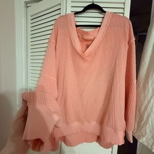 American Eagle Outfitters Big Hug Coral Knit V-Neck Sweater